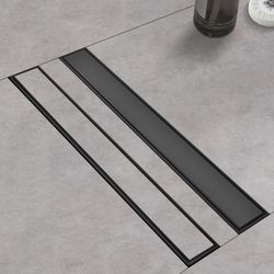 Linear Shower Drain with Tile Insert Panels, 24 Inch Black 304 Stainless Steel Rectangle Shower Floor Drain, with Hair Catcher, Adjustable Feet, Fits 