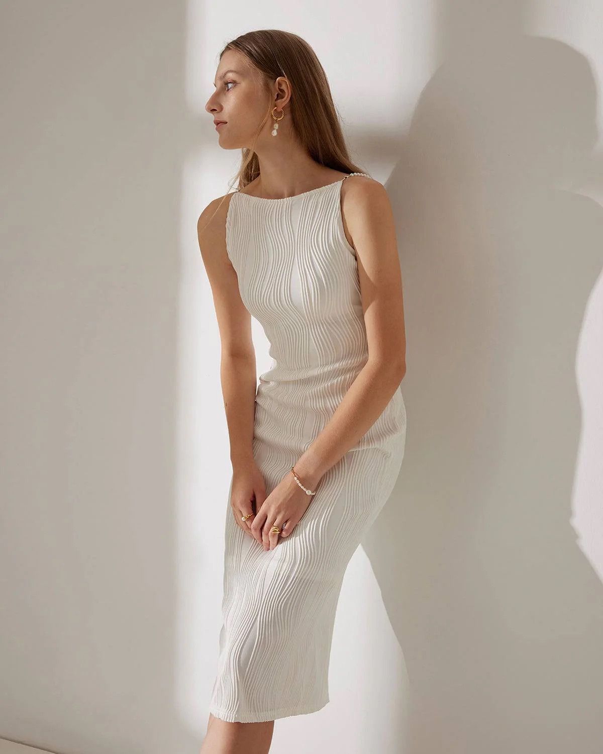 Rihoas White Water Ripple Textured Dress Large