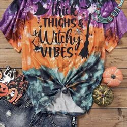 New L Hocus Pocus Halloween Thick Thighs & Witch Vibes Tie Dye T-Shirt