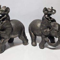 Pair of 9" Resin Elephant Sculptures with Baby Riders Home Decor Statues