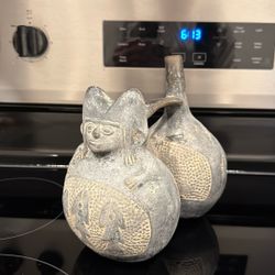 Antique Pre-Columbian Moche Chimu Pottery Blackware Figural Double Vessel Jug Vessel