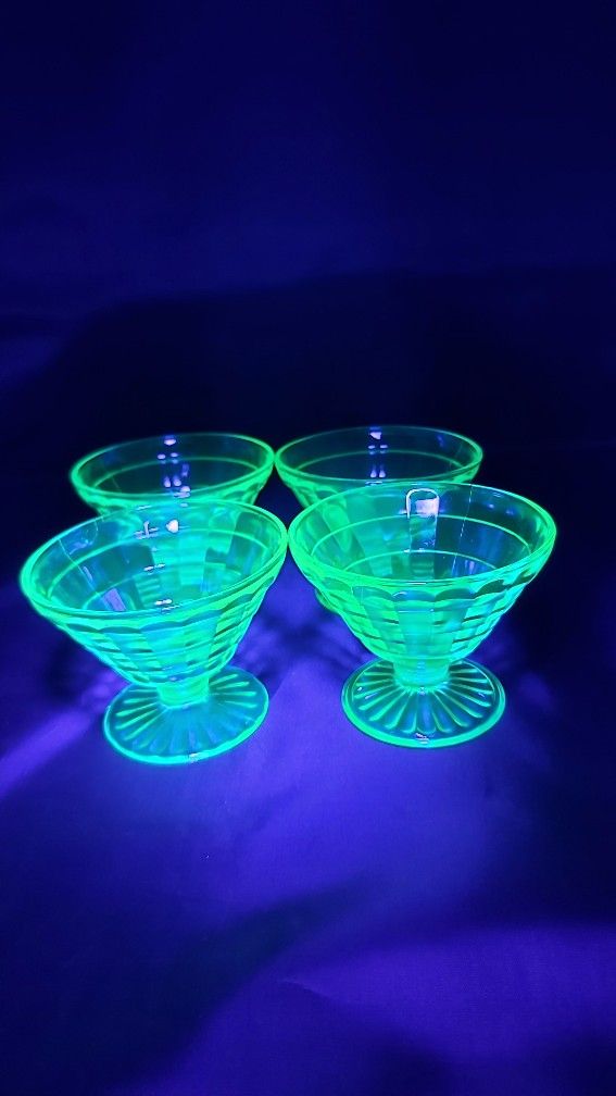 4 Anchor Hocking "Block Optic" Uranium Depression Glass Sherbets