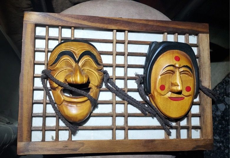 Hand Carved Wood Korean Hahoe Mask in Window Frame Yangban and Bune