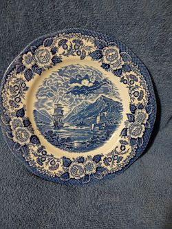 A vintage blue and white transferware dinner plate from the Lochs of Scotland series crafted by Royal Warwick in England