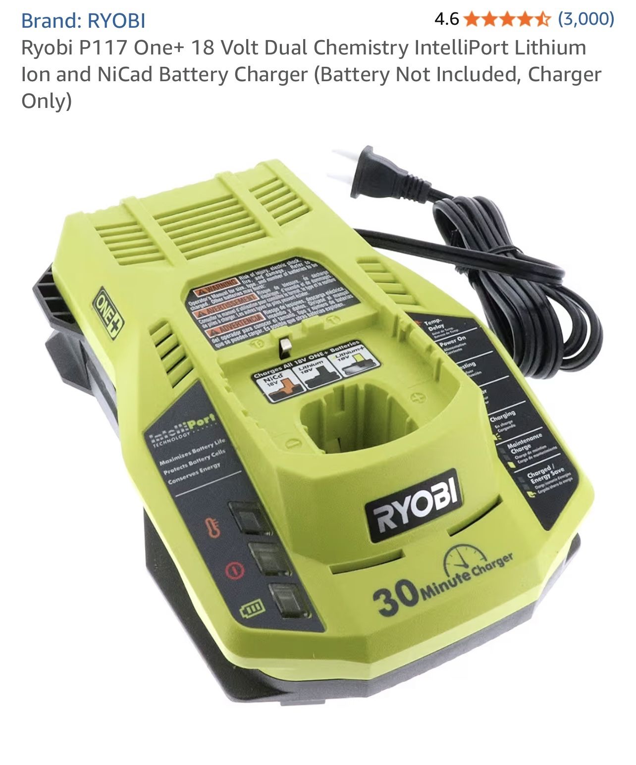 Ryobi P117 One+ 18 Volt Dual Chemistry IntelliPort Lithium Ion and NiCad Battery Charger (Battery Not Included, Charger Only)