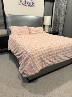 California King Bed frame, Mattress, White Sheets and pillows