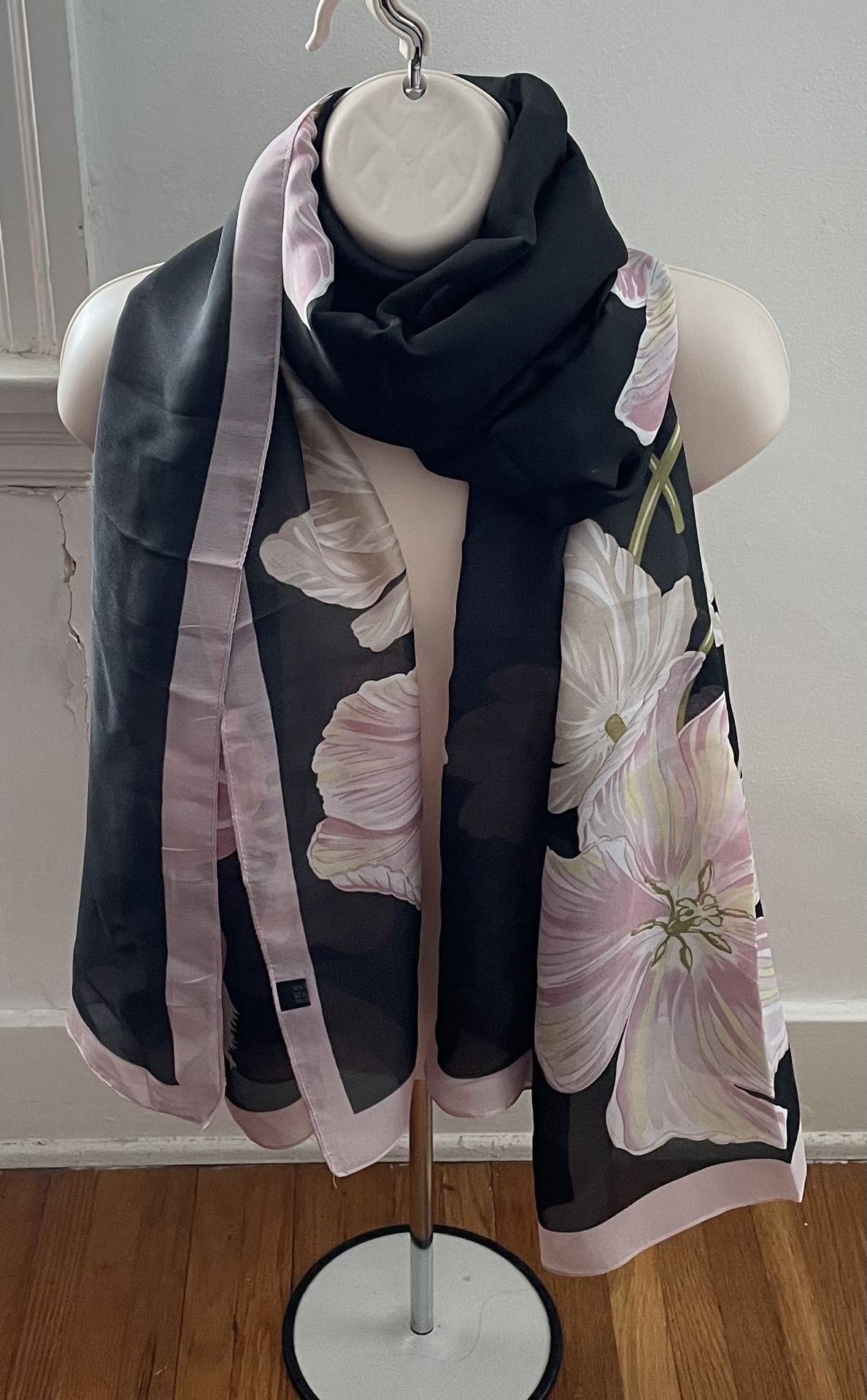Women’s Black Floral Silky Pink Flowers Scarf Shawl, size 70”x34”