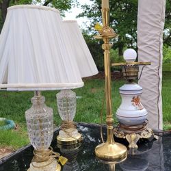 Assorted Crystal And Brass Lamps Antique