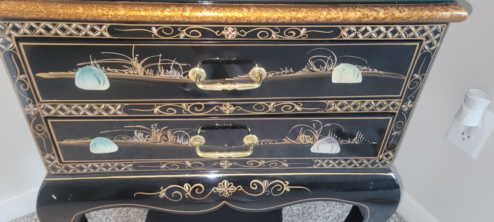 Chinese Lacquer Jade Glass Antique Asian Oriental Geisha Nightstand Dresser Drawers