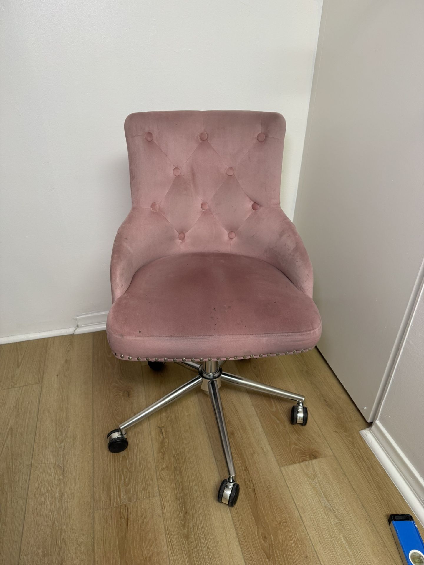 Pink Velvet Armless Rolling Swivel Chair + Foot Rest Stool Ottoman
