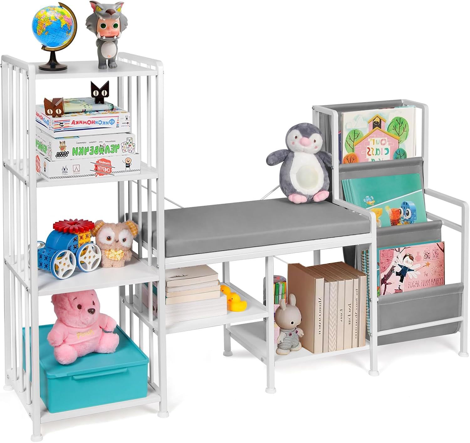 Kids Reading Nook with Storage, Nursery Book Shelves and Kids Bookcase with Reading Nook, Baby Bookshelf & Toy Storage Organizer, Montessori Toddler B