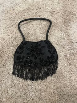 Black Beaded Evening Bag with Fringe - Floral Beadwork, Top Handle