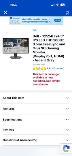 Dell - G2524H 24.5" IPS LED FHD 280Hz 0.5ms FreeSync and G-SYNC Gaming Monitor