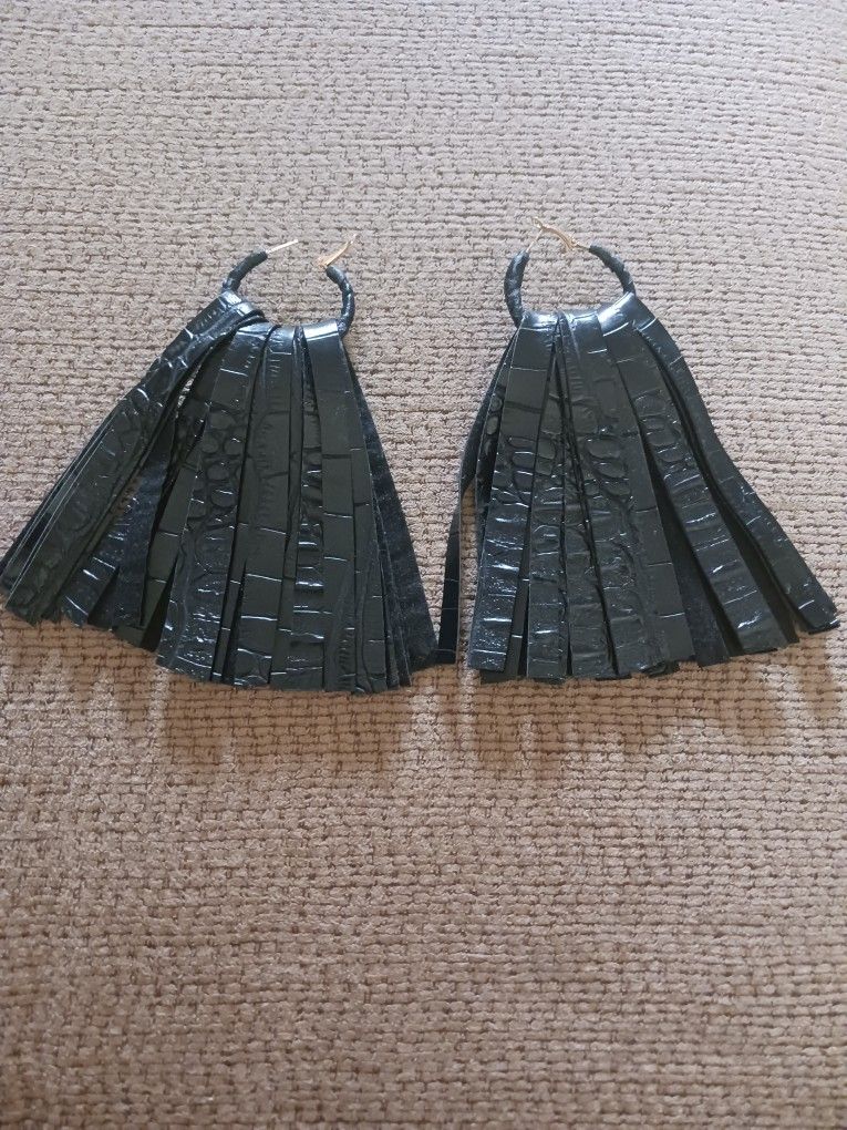 Black Leather Fringe Earrings