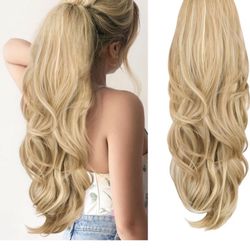 Blonde Ponytail Extension, Drawstring Ponytail Extension for Women 26 Inch Long Wavy Highlights Pony Tails Hair Extensions Synthetic Clip in Ponytail 