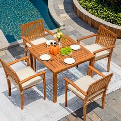 4-Person Solid Wood Outdoor Dining Set with Cushions