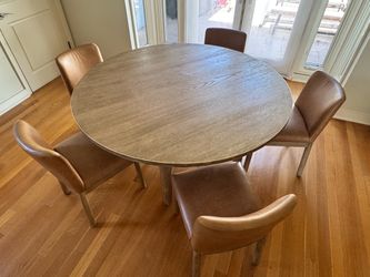 West Elm Hargrove Circular Dining Table 60” with 5 Hargrove leather chairs