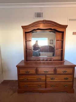 Wood Dresser with Mirror and Shelves