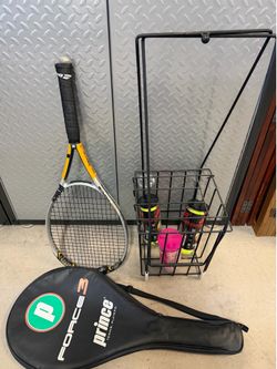 Prince Racket, case, ball carrier, three un opened tennis balls.