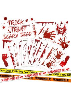 Halloween Decorations, 9 Sheets Halloween Window Clings-Bloody Handprint Window Clings and 3 PCS Caution Tape Rolls 3inx30ft for Party Decor, Door, Ha