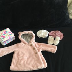 3 To 6 Month Old Jacket , With Decorated  Cloth Diapers  , 2 Caps , Booties 