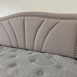 Beige Linen Platform Bed Frame 