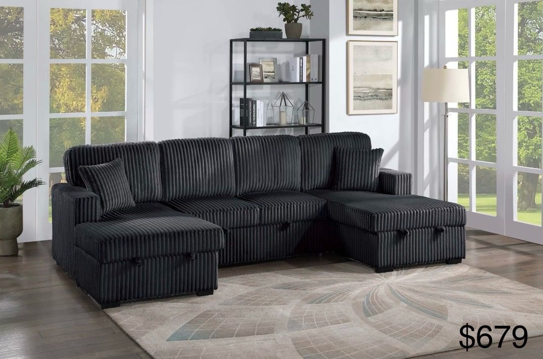Black Corduroy Sectional Sleeper Sofa, Pull Out Bed With Storage