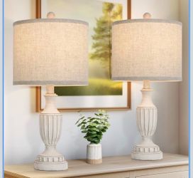 TOBUSA 22“ Farmhouse Table Lamps Set of 2, White Rustic Vintage Table Lamps for Living Room Bedroom, Antique Bedside Desk Lamps with Linen Shade, Trad