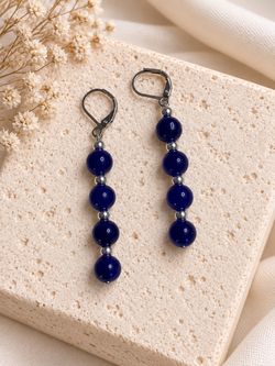 Blue Beaded Drop Earrings with Silver Hardware
