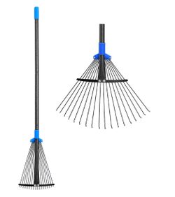 Adjustable Metal Leaf Rake Long Handle, Garden Rakes for Lawns Heavy Duty Leaves with Expandable Head 8-17", Yard Women Kids Rake for Gardening RV Cam