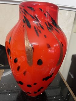 Mid Century Hand Blown Red Black Abstract Vase 11”T