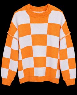 Orange and White Checkered Knit Sweater