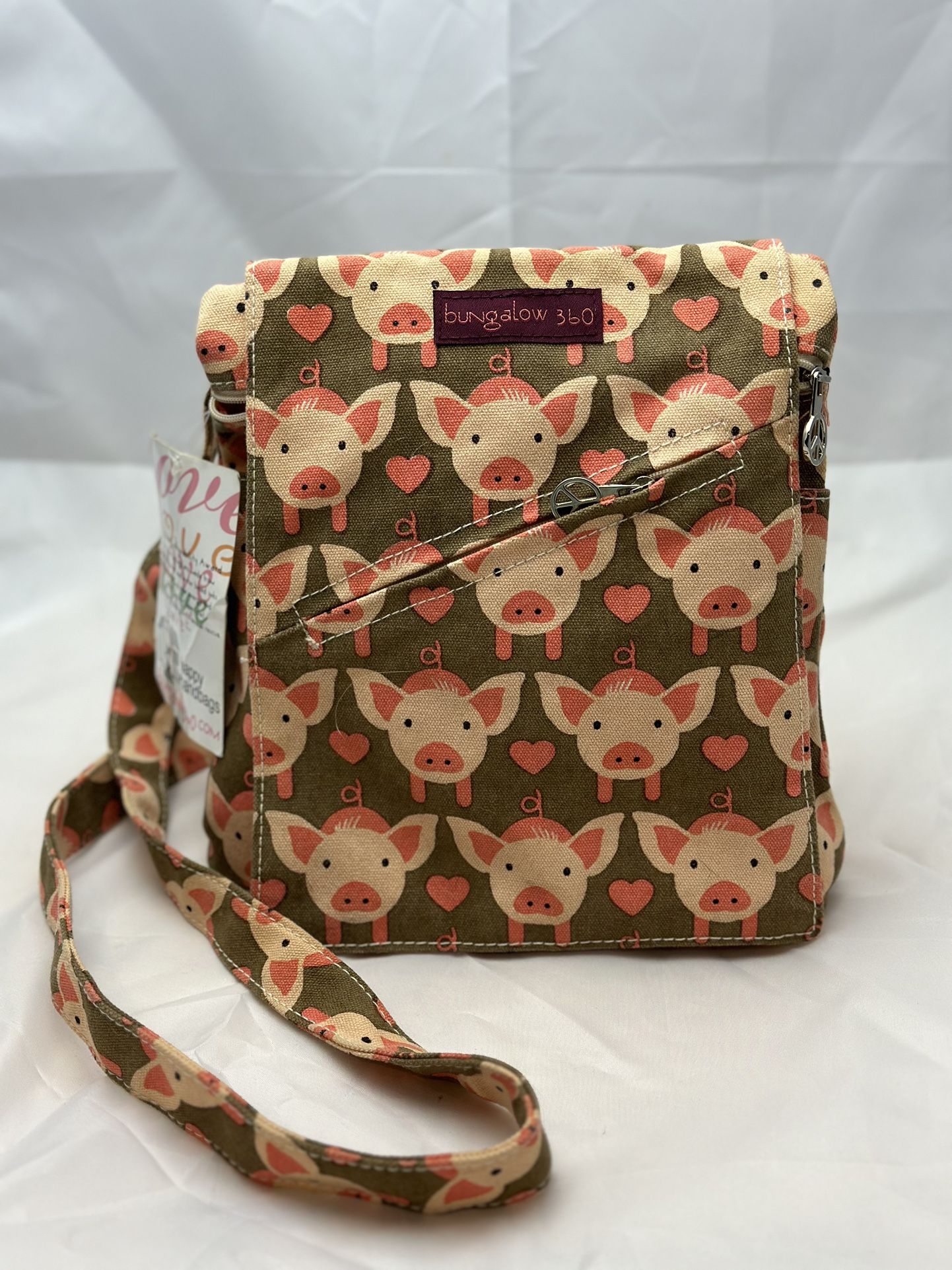 Bungalow 360 Pigs & Hearts Crossbody Purse Bag Canvas Adjustable Strap NWT