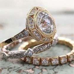 "Luxury Gems Vintage Flower Carved Octagon Zircon Rings for Women, VP1735