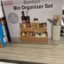 Bamboo Bin Organizer Set - 3 Piece Set Stackable 