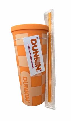 Dunkin Donuts Tumbler/Cup Limited Edition 24oz Orange Checkered Sipper NWT RARE
