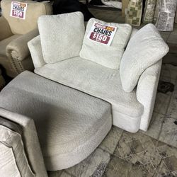 White Boucle Chair and Ottoman Set