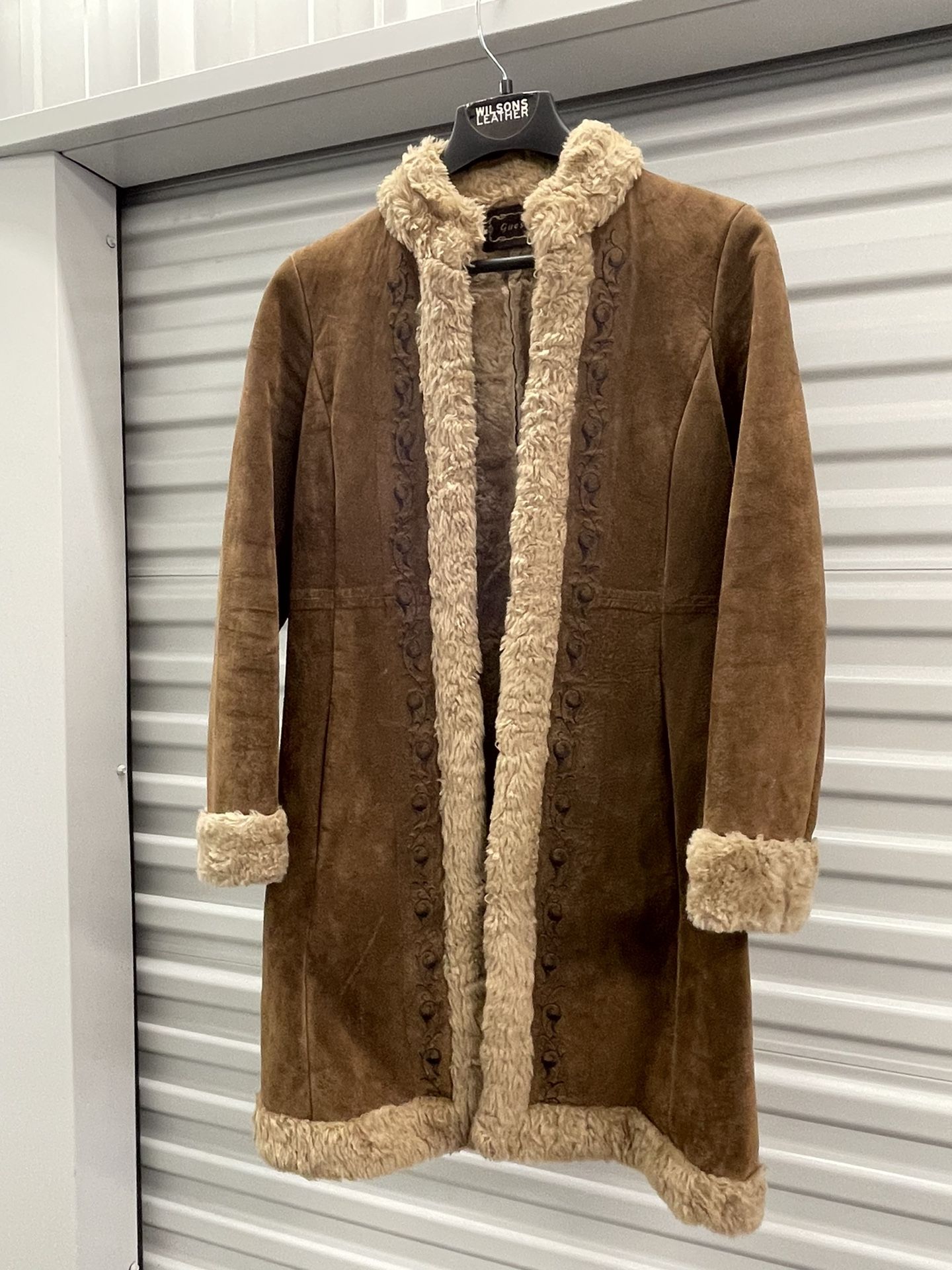 Vintage Guess Leather Suede Sherpa Faux Fur Jacket Trench Coat Women