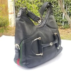 Authentic Gucci Heritage Horsebit Web sherry Black Leather Hobo handbag