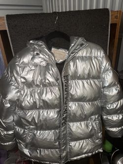 Silver Shiny Puffer Jacket “Enjoy Your Life” - Small & Medium (2 Available)