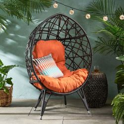 39” W Outdoor Egg Chair with Orange Cushion and Weather-Resistant Woven Finish [NEW] **NO Assembly Req**