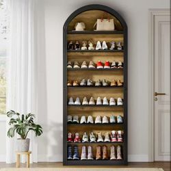 J0394 Shoe Storage Cabinet, 8-Tier Tall Black Shoe Organizer Cabinet, Large Wooden Freestanding Shoe Rack for Closet Entryway