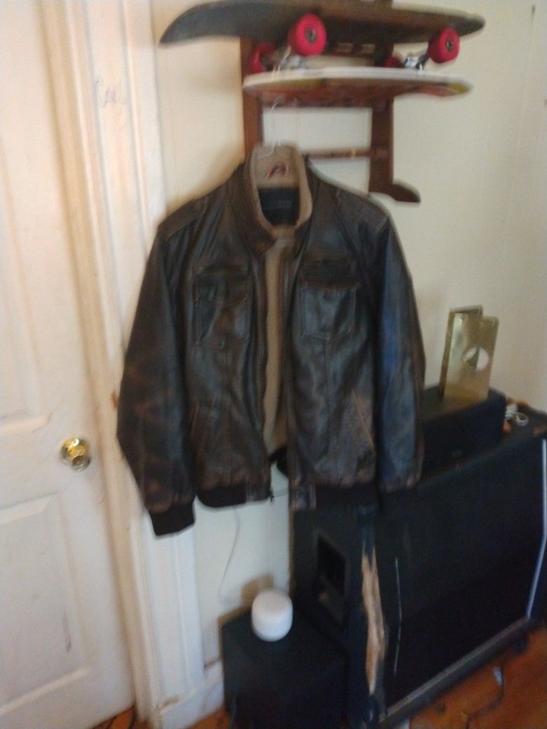 Large, Tommy Hilfiger Leather Jacket With Faux Fur Lining