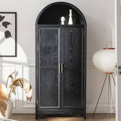 Arched Storage Cabinet-Natural Wood Veneers&Water Based Paint Finished-Vintage 71 Inch Tall 5-Tier Bookcase with 2 Doors,Accent Cabinet for Living Roo