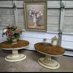 Oval Shabby Chic Vintage French Walnut Wood Column Pedestal End Tables Stands