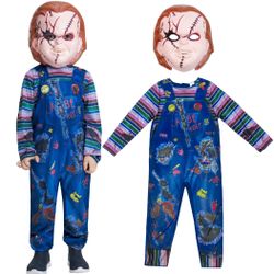 IKALI Kids Chucky Costume Halloween Dress-Up Jumpsuit Bodysuit With Mask 7-8 Years. 