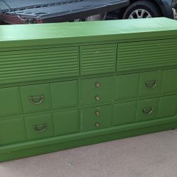 Green Painted Mid-Century 9-Drawer Long Dresser