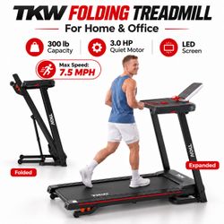 TKW Folding Treadmill Up to 7.5MPH with Handle for Home and Office, Walking Pad 300 Lbs Weight Capacity, 3.0HP Quiet Treadmill, LED Screen