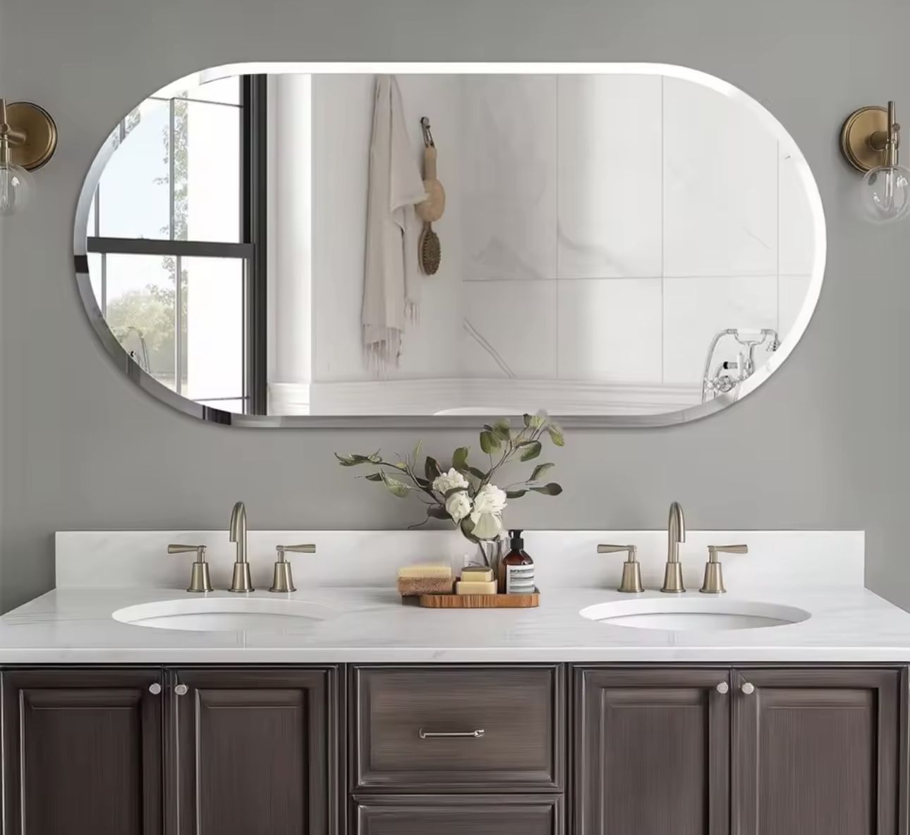 YSJ-XB169-83 Frameless Long Oval Bathroom Vanity Mirror Silver Glass Wall Decor Mirror with Beveled Edge for Bathroom Entryway