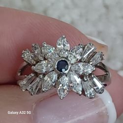 Vtg.Sterling Silver Cz& Sapphire Stunning Ring- Sz8